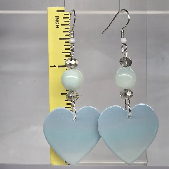 #B192- Handmade Heart-Shaped Earrings in Light Blue With Quartz Beads - Picture 2 of 5